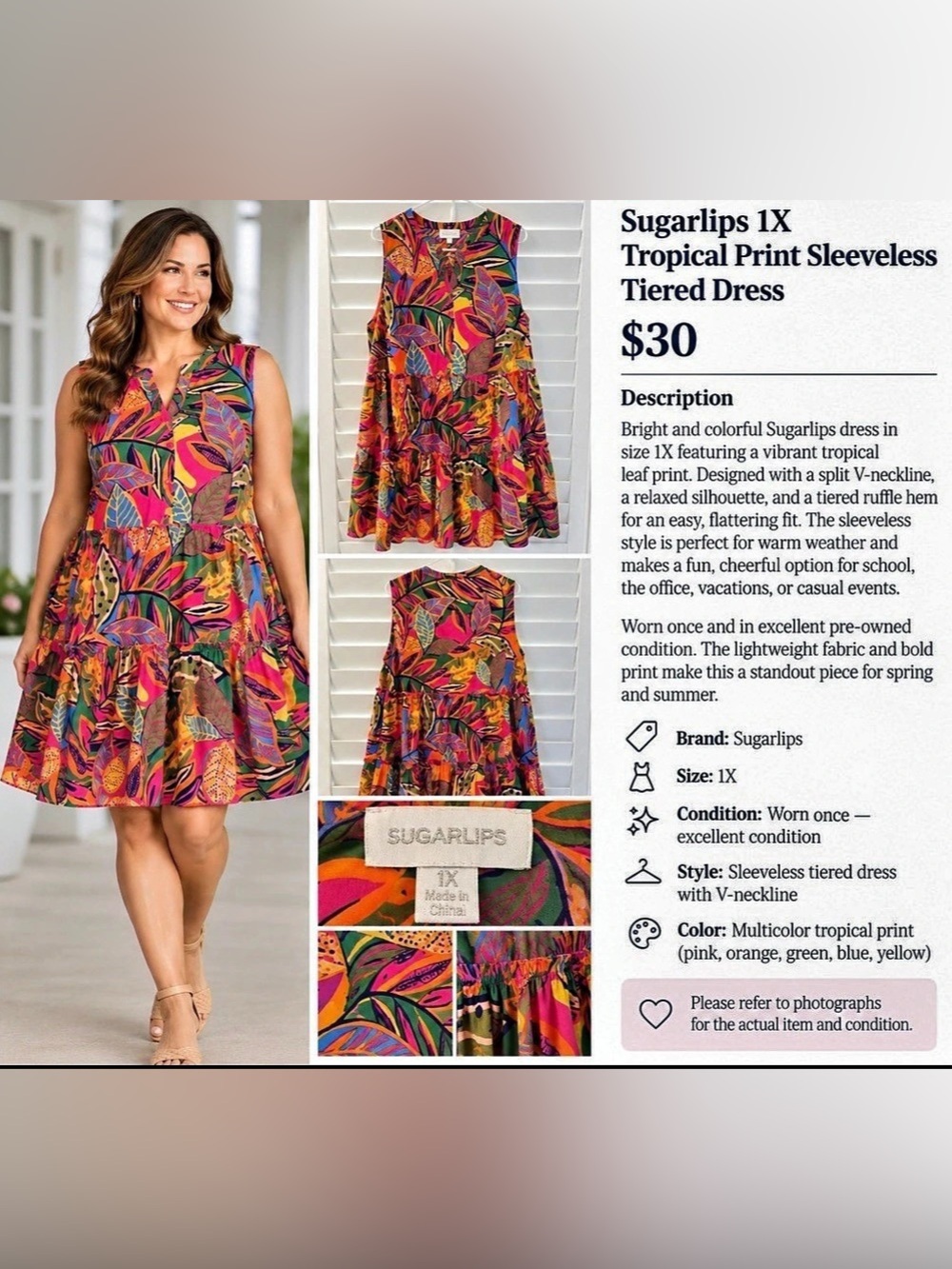 Sugarlips Tropical Print Sleeveless Tiered Dress Mini Dress Size 1X